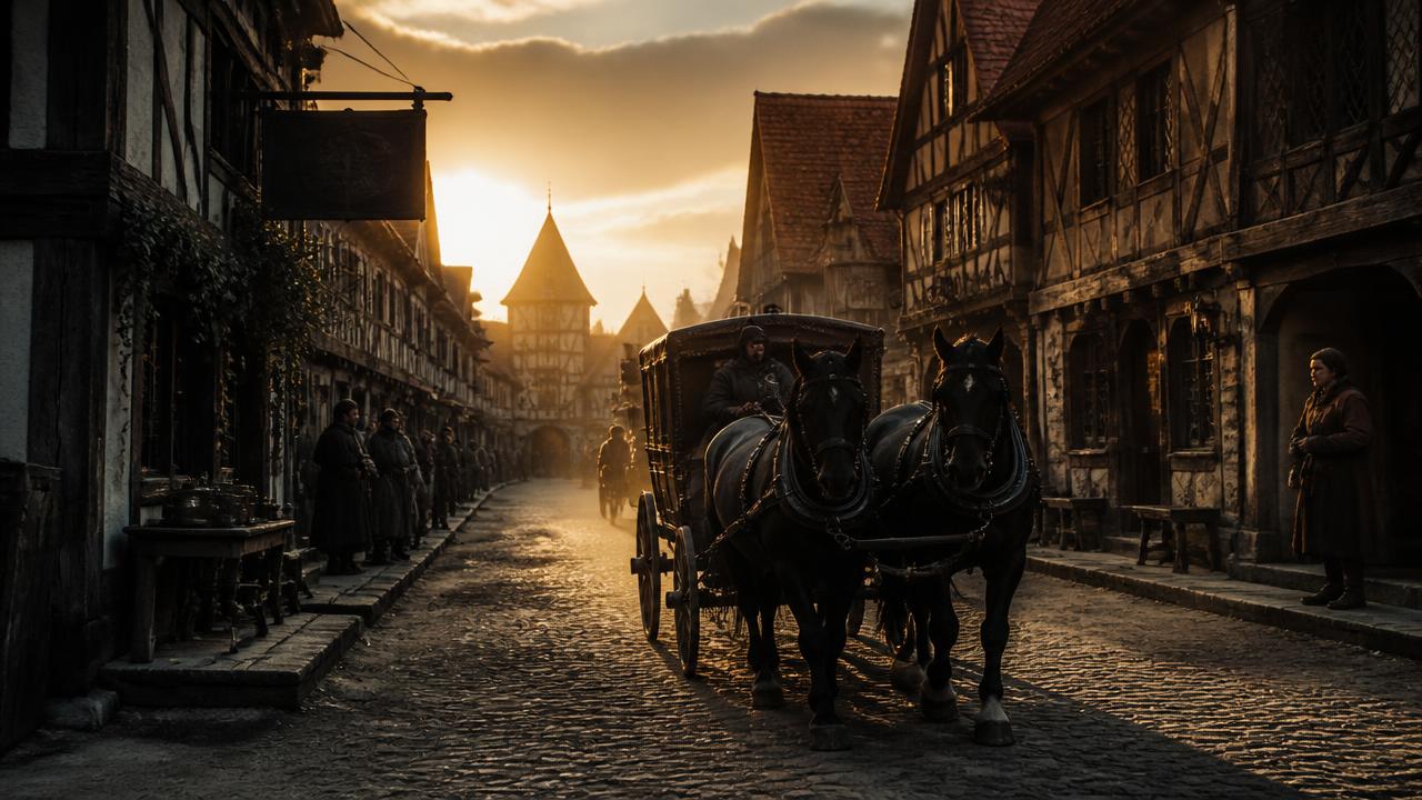 Period drama film still of a horse carriage at dawn