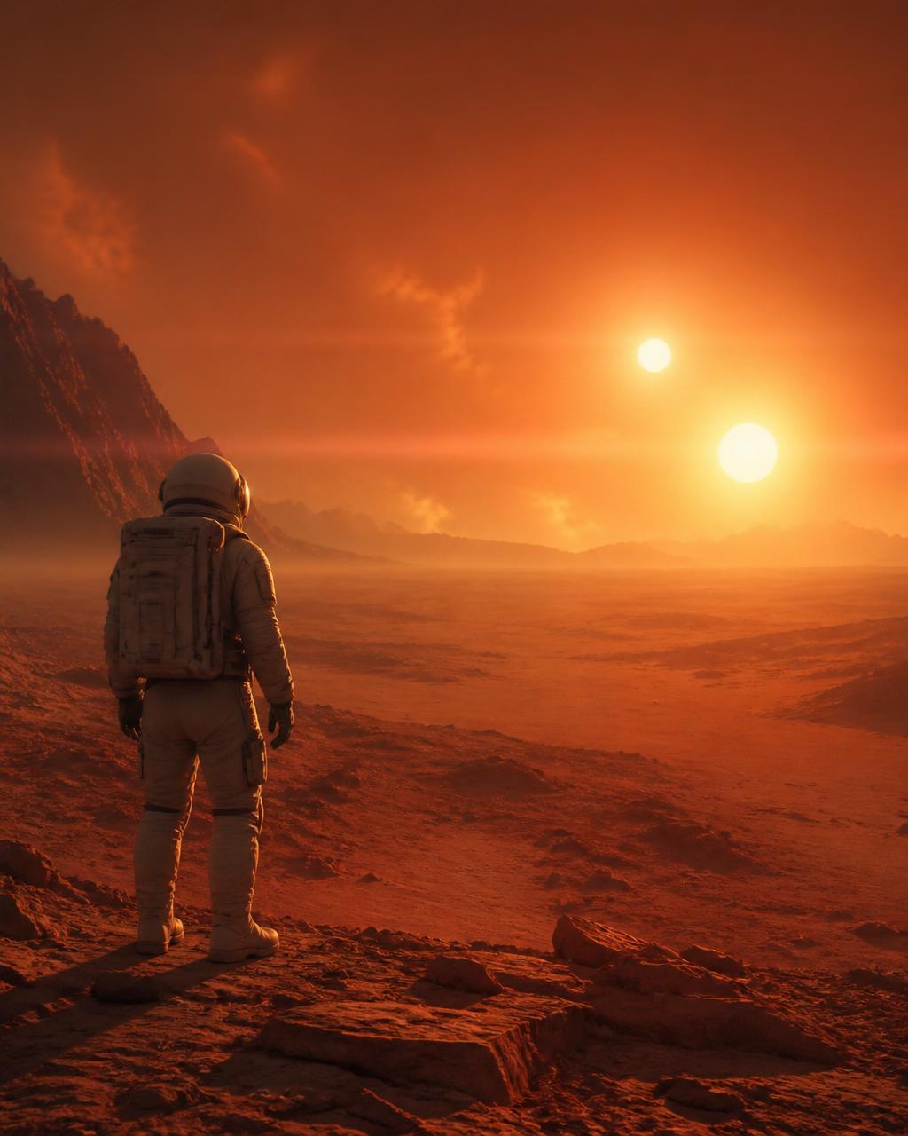 Sci-fi film still of an astronaut under two suns
